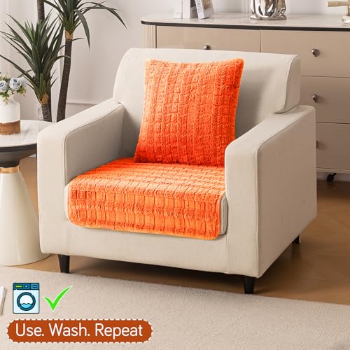 Image of HOKIPO 'Plush Haven' Premium Sofa Mat for 1 Seater Sofa - Soft Fluffy Fabric with Anti-Slip Backing, Orange (AR-5030-OR*1)