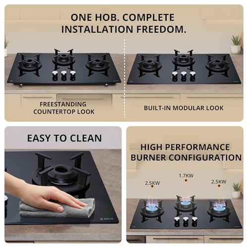 Image of Elica 75cm 3 Burner Auto Ignition Hob | RG FLEXI 375 LOTUS IND HD Brass | SABAF Brass Burners | Built-in & Freestanding | Toughened Black Glass | 10-Year Burner & 5-Year Glass Warranty