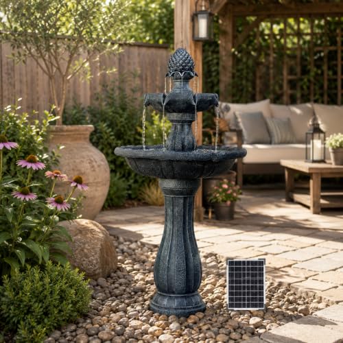 Image of XBrand 44 inch H Gray Fiberglass /Resin 2-Tier Solar Water Fountain w /Solar Panel and Auto-Shut Off Pump, Solar Garden Fountain, Tall Outdoor Fountain, Two Tiered Birdbath Fountain