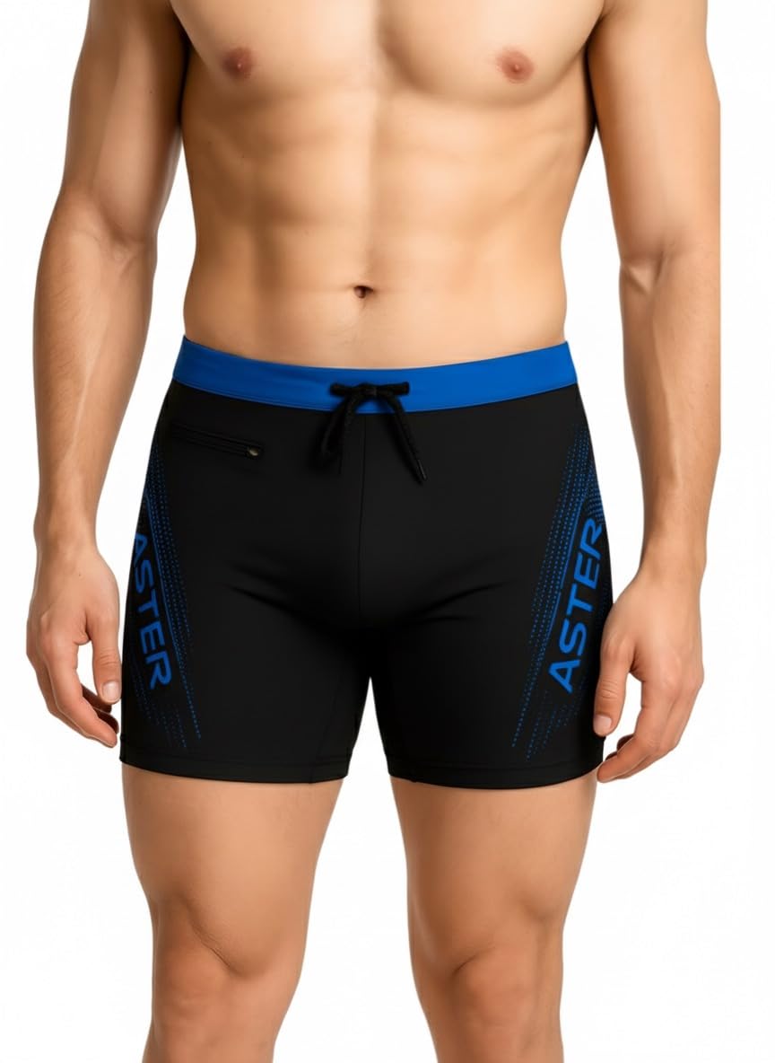 Men's Black Printed Swim Shorts with Lining – Stretch Polyester Spandex, Pocket