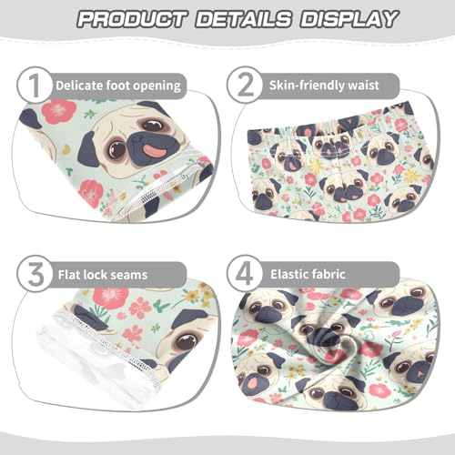 Wusikd Cute Pug Dog Girls' Leggings Toddler Doodles Flowers Kids Yoga Pants Dance Active Tights 4T3