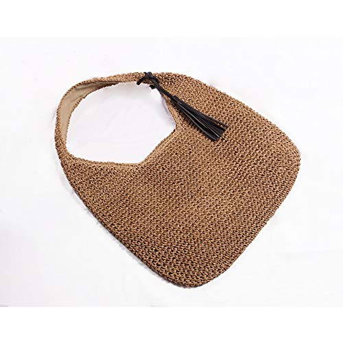 Bolso de hombro grande tejido de paja con flecos negros miniatura 5
