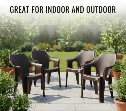Image of Patiofy Plastic Chair Set of 4 for Home & Outdoor Use | Heavy Duty Comfortable Chair with Strong Legs | Stackable, Easy to Clean | Suitable for Living Room, Balcony (Pack of 4-Oxford | Brown)