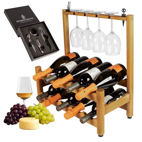 Homingrove Cantinetta Vino Legno FSC – Portabottiglie di Vino con Accessori & Porta Calici 4 Bicchieri – Design Compatto da Tavolo per Cucina o Soggiorno – Idea Regalo per Amanti del Vino – Porta Vino