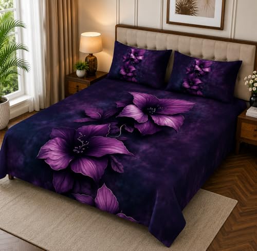 Image of 7D Digital Printed King Size Bedsheet with 2 Pillow Covers | Soft Premium Cotton Feel Microfiber Double Bed Bedsheet | Breathable, Wrinkle Free & Fade Resistant | (Purple, KingSize-225x250CM)