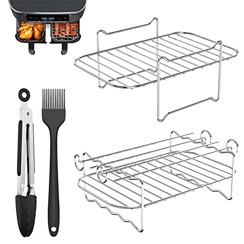 Loofu Air Fryers Rack 8 Stück, Mehrzweck-Luftfritteusen-Zubehör für Ninja Dual Air Fryer, geschichtete Dehydrator-Racks und Spießregal, 304 Edelstahl, 1 Silikonbürste, 1 Lebensmittelclip Cover