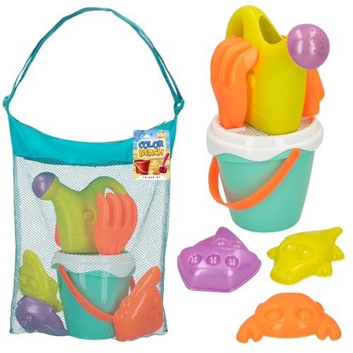 ColorBaby - Brinquedos de praia para crianças, brinquedos areia, saco brinquedos de praia, cubo areia, Ø 14 cm, cedaço, pá, ancinho, regador, barco, moldes de areia, 18 meses (49271)