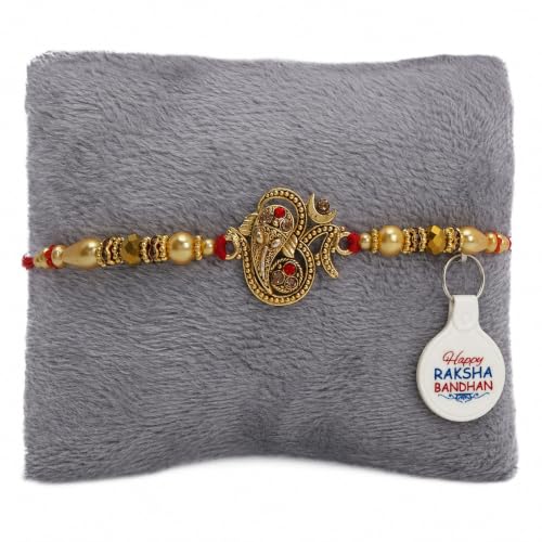 Image of Riddhika Ventures Glorious Gold Plated Auspicious OM and Diamond Ring Rakhi with Roli Chawal and Greeting Card