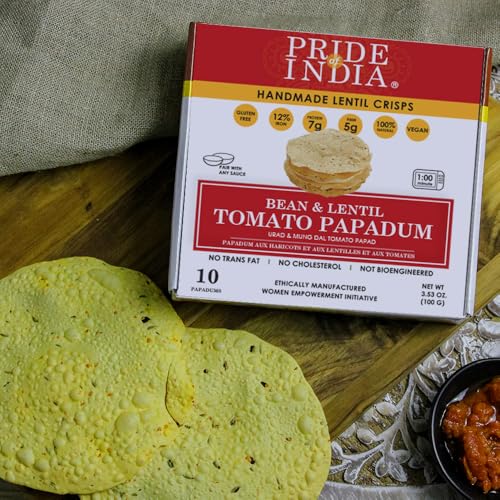 Pride Of India | Tomato Papadum, Pack of 6-10 Count Box (3.53oz - 100gm) | Protein Fiber & Iron Rich, Gluten-Free Vegan Lentil Crackers, Healthy Indian Appetizer | Microwaveable & Ready in Seconds - Thumbnail 6