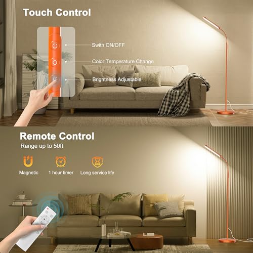 Image of Yikuneng Dimmable LED Floor Lamp, Super Bright Reading Lamps Floor Standing lamp with Remote & Touch Control, Orange