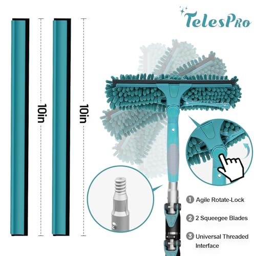 Image of TelesPro 36 Feet High Reach Window Squeegee with 7-30 Ft Extension Pole, Window Cleaner Tool with 5-Stage Telescoping Pole, Window Cleaning Kit with Rotatable Head (2 Squeegee & 2 Microfibre Cloths)