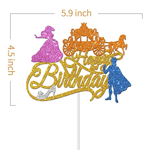 Dalaber Cinderella Happy Birthday Cake Topper, Fairy Themed Prince Princess Cake Topper For Kids Boys Girls Birthday Party Decorations, Pumpkin Carriage Crystal Shoes Sign Cake Topper #TOP1