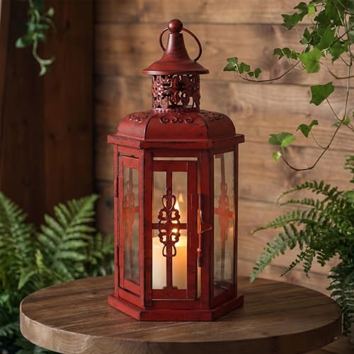 JHY DESIGN Dekorative Hängelaterne 25 cm hoch Vintage-Kerzenlaterne, Metall-Kerzenhalter mit Glas für Indoor-Garten-Balkon-Wohnzimmer (Rot)