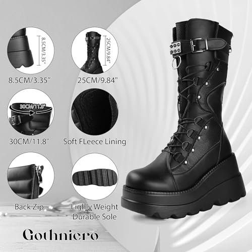 Image of Gothniero High Platform Knee Boots Chunky Heel Wedge Black Boots For Women Combat Goth Punk Motorcycle Booties Zip up With Metal Buckles Size5-11