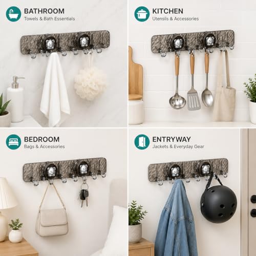 Image of Self Adhesive Wall Hook Rack | No Drilling Foldable Hooks for Bathroom, Kitchen & Home | 90 Rotatable Corner Mount | 6 Hooks | PC+ABS | Translucent Grey | 50 cm | Pack of 1