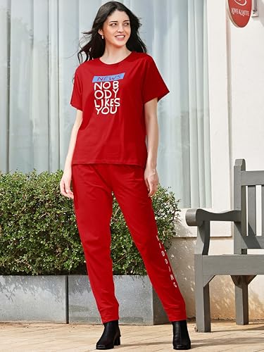 Image of ZEYO Night Suit for Womens Typography Printed Cotton Night Dress of Top and Joggers