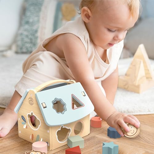Image of Speedy Monkey House Shape Sorter with 8 Blocks, Fun Colors, Shapes, Monkey Character, Wooden Toy, Non-Toxic Paint, Enhances Learning, Ideal for Kids | 8 blocks, monkey character, sorting & stacking toys, montessori toys, shape recognition, fine motor skill, cognitive learning