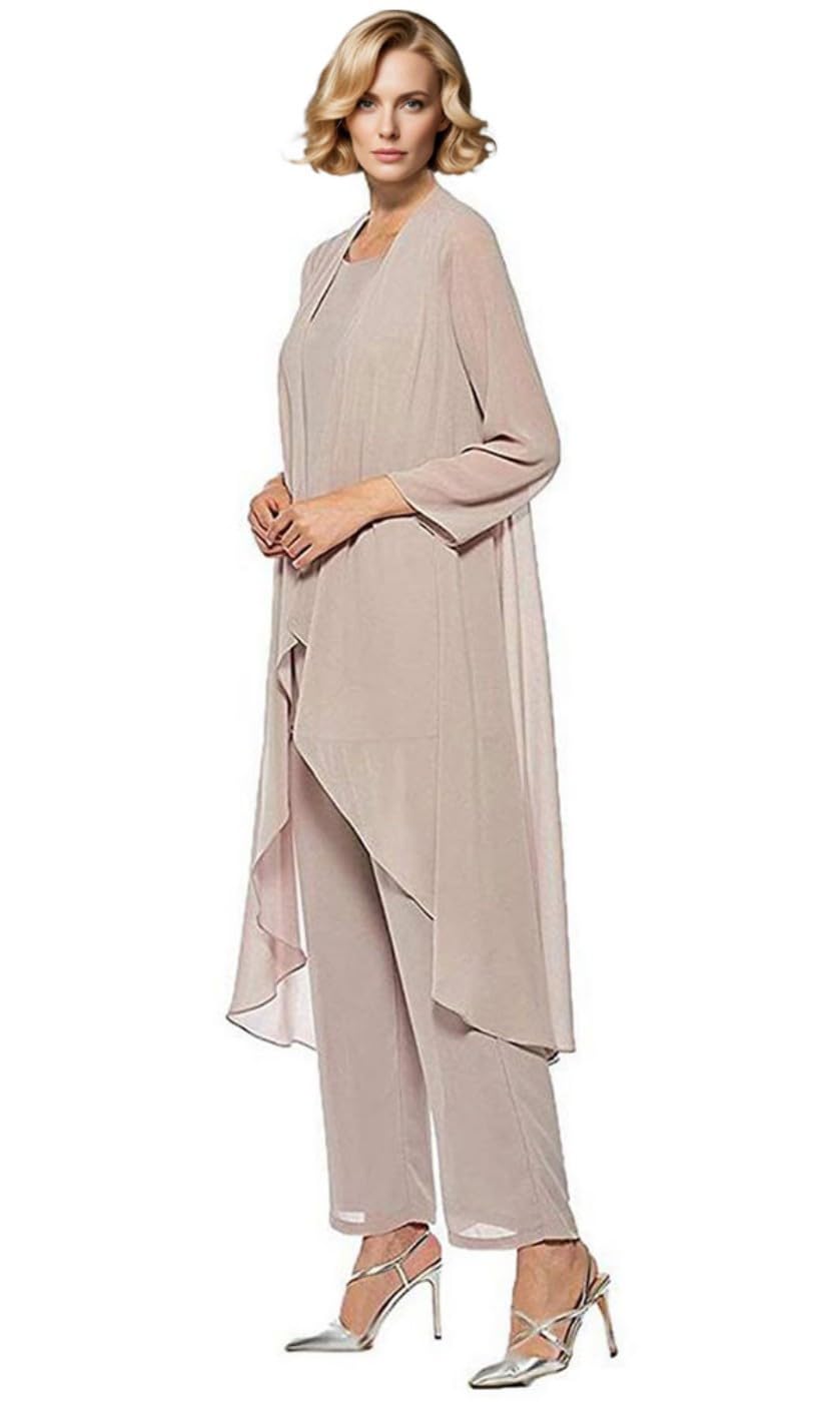 Madre della Sposa Pantaloni Completi 3 Pezzi Chiffon Lungo Outfit Set per Matrimonio Madre Pantaloni Suit con Gilet