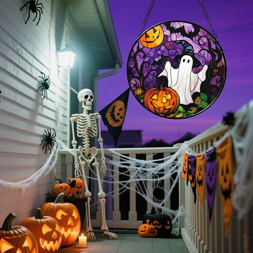 Image of Stained Glass Window Hanging Halloween White Ghost Black Bat 6.3 inch - Suncatcher Door Garden Sunroom Horror Pumpkin Sun Catcher Birthday for Friend Mom Men Woman Nana