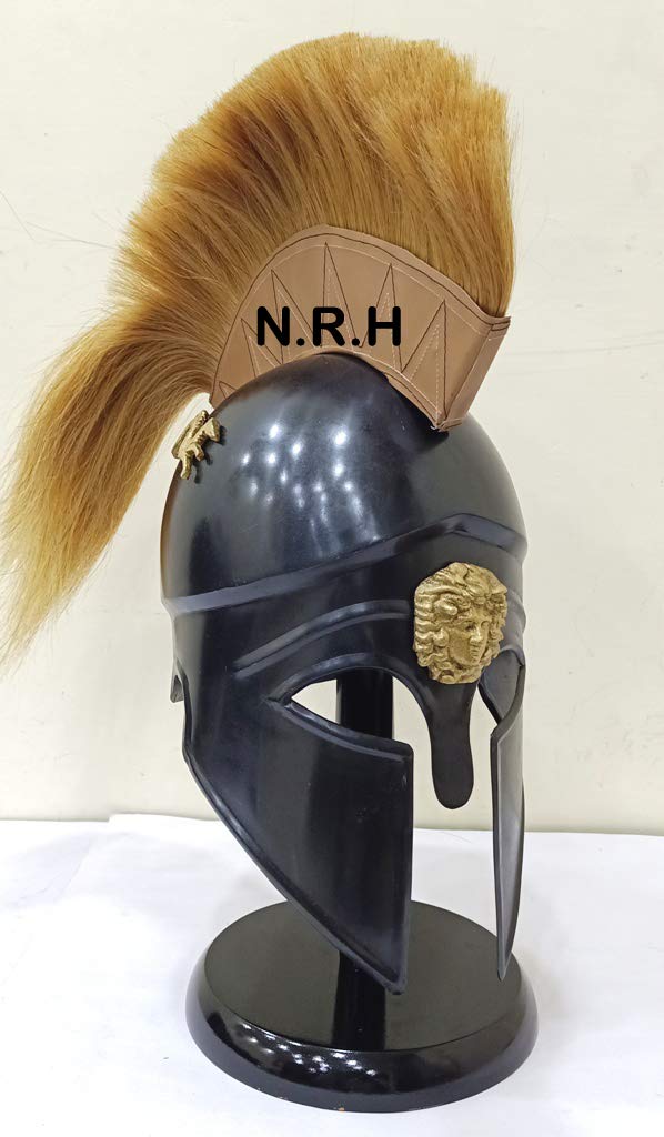 Nautical Replica Hub Greek Corinthian Helmet Ancient Medieval Armor Knight Spartan Halloween Helmet with White Plume With Wooden Stand