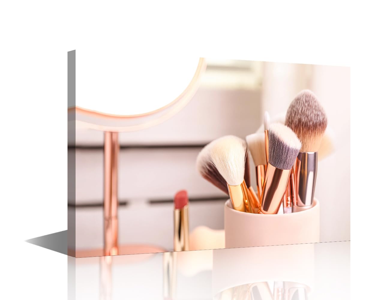 TISHIRON Makeup Brush Wall Art Painting on Canvas for Powder Room Bathroom Bedroom Wall Art Modern Home Decor Makeup Tools House Decorations for Living Room Stretched on Wooden Frame, 18x12in