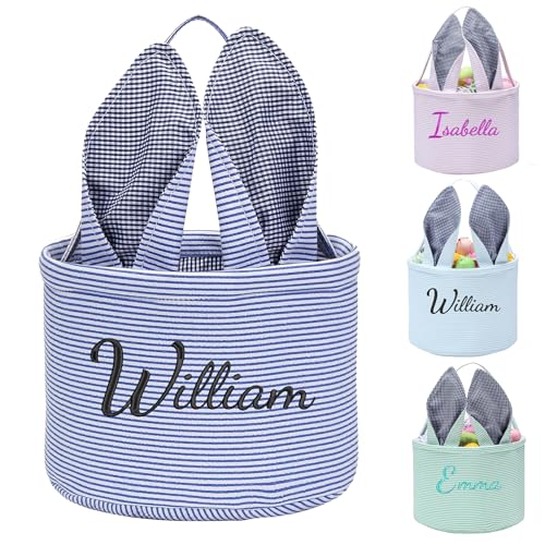Image of XinblueCo Easter Bunny Basket Seersucker Egg Bags for Kids,Personalized Candy Egg Basket Rabbit Print Buckets with Fluffy Tail Gifts Bags for Easter(Seersucker Blue)