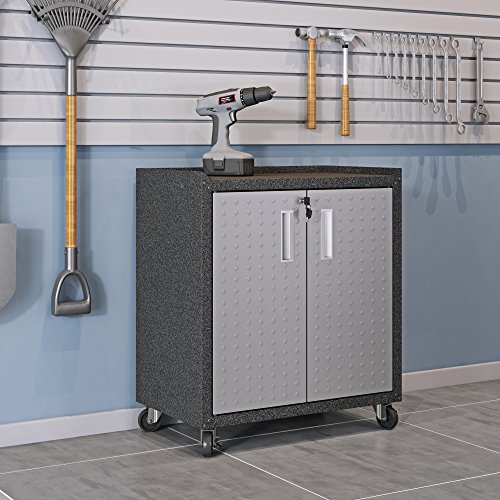 Image of Manhattan Comfort Fortress Rolling 2 Door Garage Storage Cabinet, Black /Gray