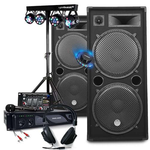 Pack Sono DJ Complet 3000W Amplification + Enceintes 2x2000W, Table Mixage USB Bluetooth, Portique d'Eclairage Multi-Effets LED