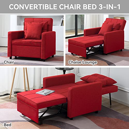 Bigsyy 3-In-1 Chair Bed, Folding Sofa Bed With Adjustable Backrest, Pull Out Sleeper Chair Bed, Multi-Functional Single Armchair,Modern Linen Fabric Chair Bed (Linen Red) #TOP3