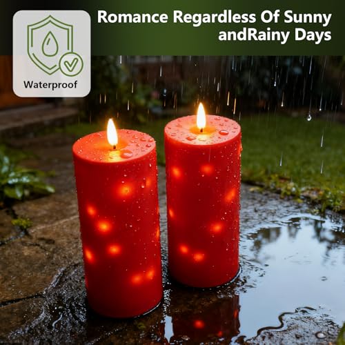 Image of kakoya 10 inch x 4 inch Large Outdoor Waterproof Flickering Flameless Candles with Timer,2Pcs Battery Operated LED Pillar Candles with Embedded Star String for Outdoor Lanterns,Porch,Patio Decor(red)