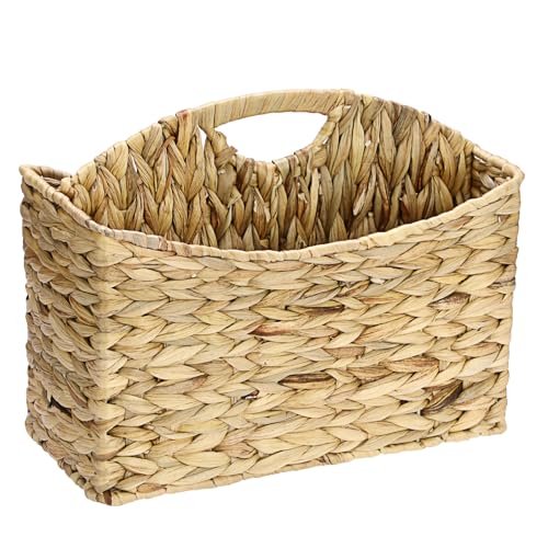 BSTKEY Organizador de revistas dividido de jacinto de agua natural con asa, cesta de almacenamiento de periódicos tejida a mano, organizador de correo, contenedor de mesa, soporte para libros para