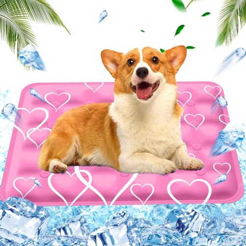 Alfombrilla Refrescante para Perros, Alfombra Perro Refrescante, Cama Refrigeración,Inyección de agua Alfombra Fría,Cool Pet Mat, Suministros Para Mascotas Reutilizable, 50x60cm, L, Corazon Rosa