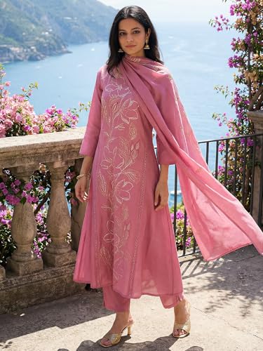 Image of INDO ERA Women's Floral Embroidered A-Line Silk Blend Kurta Pant with Dupatta Set