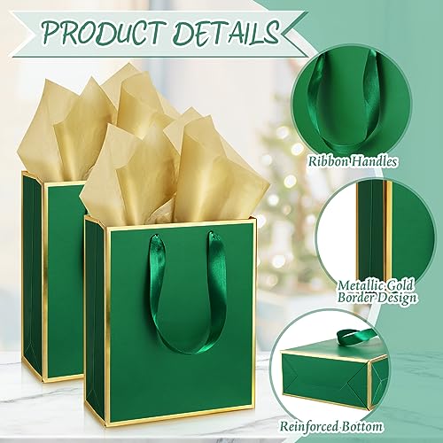 Image of Yeaqee 24 Pack Metallic Paper Gift Bag with Tissue, Green Gold