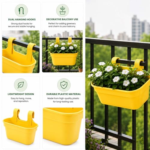 Image of Go Hooked 12 Inch Plastic Railing Hanging Planter Pot Set of 3 | Rectangular Flower Pots with Double Hook for Garden Fence Balcony Indoor Outdoor Home Decor | Durable Plant Container (Yellow)