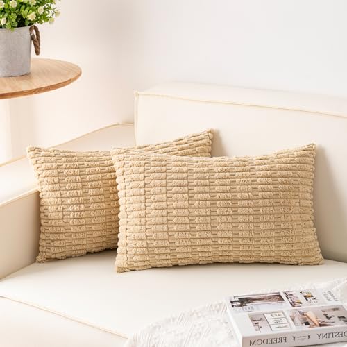 Image of Aegero Pack of 2 Corduroy Decorative Throw Pillow Covers 12x20 Inch, Beige