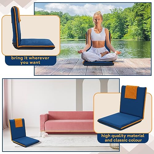 Image of 2 Pcs Floor Chair with Back Support Padded Floor Seating Portable Floor Seat Meditation Cushion Adjustable Fully Folding Backrest for Adult Kid Gaming Linen Washable Cover, Nylon Bottom (Blue, Khaki)