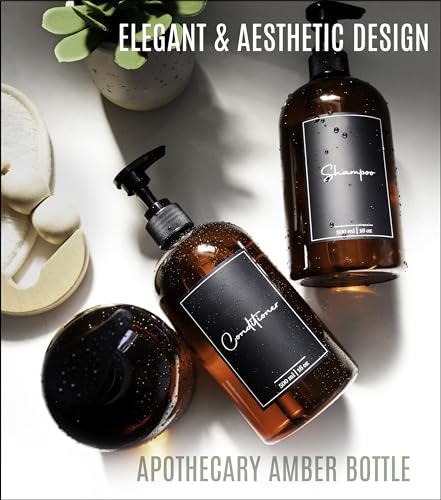 Image of Alora 5-in-1 Apothecary Bottles for Home & Commercial Use - 16oz Elegant 8.5x3in Refillable Amber Shampoo Storage, Handwash, Massage Oils - Includes 24 Waterproof Labels, Bonus 2CC Pump & Funnel