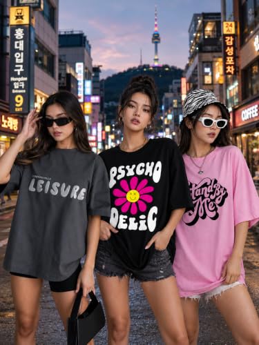 Image of London Hills Oversized Tshirt for Woman | t Shirt for Woman Oversized Fit Printed Round Neck | Tops for Woman's | Women t Shirt Loose Fit Drop Shoulder | t Shirts for Women | Western Tops