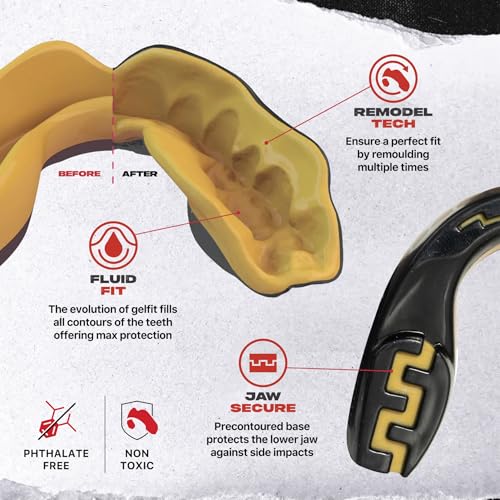 Image of SAFEJAWZ Mouthguard Slim Fit, Adults and Junior Mouth Guard with Case for Boxing, Basketball, Lacrosse, Football, MMA, Martial Arts, Hockey and All Contact Sports (Goldie, Adult (12+ Years))