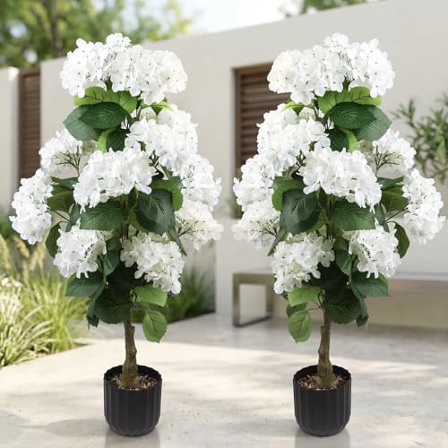 2 Pcs 3 Ft Artificial Hydrangea Trees Potted UV Resistant Faux Silk Hydrangea Plant in Pot for Indoor Outdoor Decoration Hydrangea Topiary for Garden Office Home Porch Patio Decor (2 White)