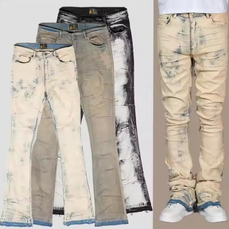 Men's Mid-Rise Jeans, Tie-dye Fitted Flared Pants, Casual Vintage Men's Jeans2