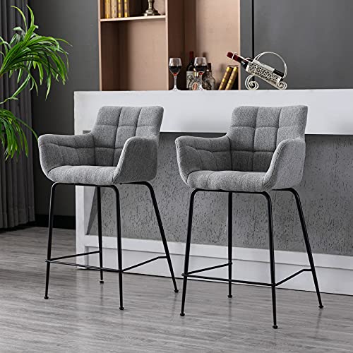 DAYALANE Lot de 2 Tabourets Bar avec Dossier et Repose-Pieds Chaise Haute Cuisine avec Accoudoir Cadre en Métal Chaise de Bar en Tissu pour Bistrots, Gris