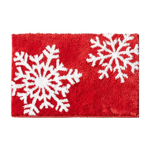 Red White Snowflake Christmas Bathroom Rugs Non-Slip Rubber Backed Machine Washable, Soft Absorbent Shaggy Xmas Bath Mat Rug Winter Themed Christmas Festive Bathroom Floor Mat (50x80cm)