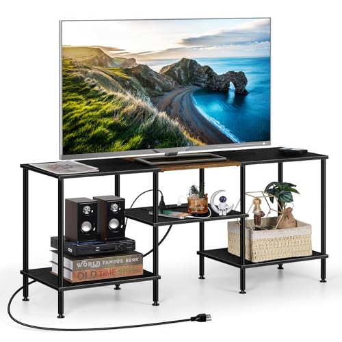 Image of OYEAL Black Bedroom TV Stand with Power Outlets up to 50 inch TV, Small Entertainment Center Stand with Storage Modern Media TV Console Table for Living Room Bedroom