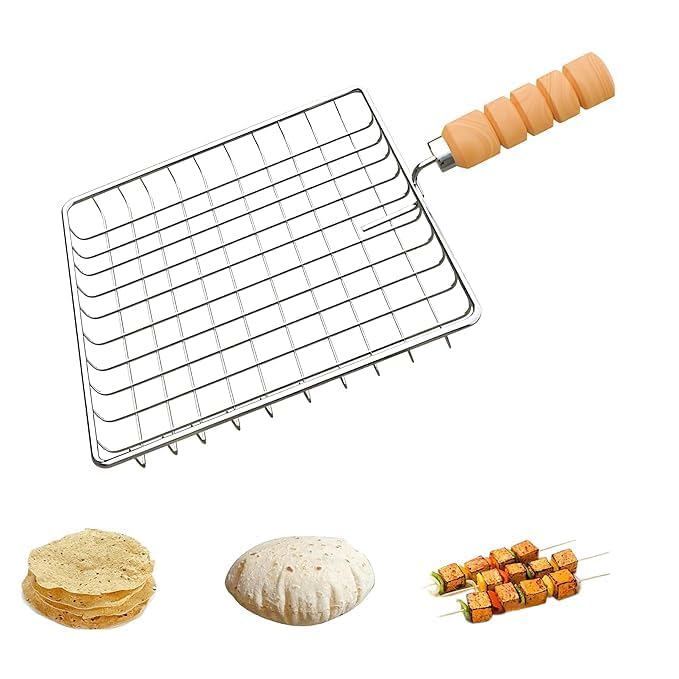 Image of Phulka Grill Roaster for Gas Stove, Grill Tawa Jali for Kitchen Cooking, Roti Basket Pulka Pan Roaster Grill with Wood Handle, Papad Jali, Deep Square Roaster (Steel Wire) (SQ003)
