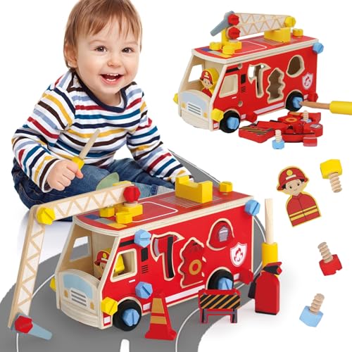 LOVELAND Wooden Fire Truck Toy – Take-Apart STEM Vehicle with Firefighter Tools & Shape Sorting, Montessori Educational Gift for Toddlers Boys Girls Ages 3+