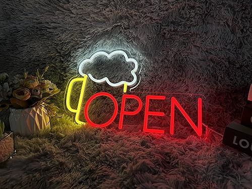 Image of Beer Open Neon Sign Beer Signs for man cave Beer neon sign beer cocktail Beer decor Led light Party Decoration Bar Beer sign Neon Beer Signs Alcohol neon sign beer cave sign Beer light up (Red, Yellow, White, 17x11'')