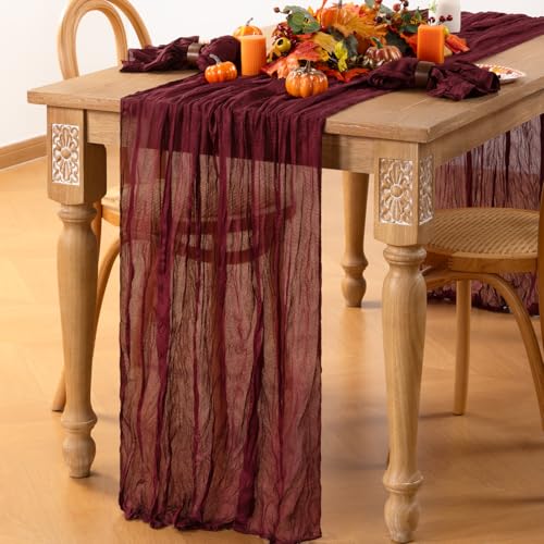 Image of MLMC 8 Pack Burgundy Cheesecloth Table Runner Boho Rustic Gauze Wine Red Cheese Cloth Table Runner Cheese Cloth Centerpiece Decor 35x120 Inches for Wedding Reception Anniversary Home Decor