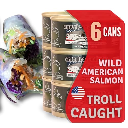 Troll Caught Premium Wild Salmon Fish by American Tuna - Smoked Salmon, MSC Certified, & Hand Processed - 6 oz Cans | Pack of 6 | Delicacy for Health and Flavor Enthusiasts! Troll Caught Premium Wild Salmon Fish by American Tuna - Smoked Salmon, MSC Certified, & Hand Processed - 6 oz Cans | Pack of 6 | Delicacy for Health and Flavor Enthusiasts!